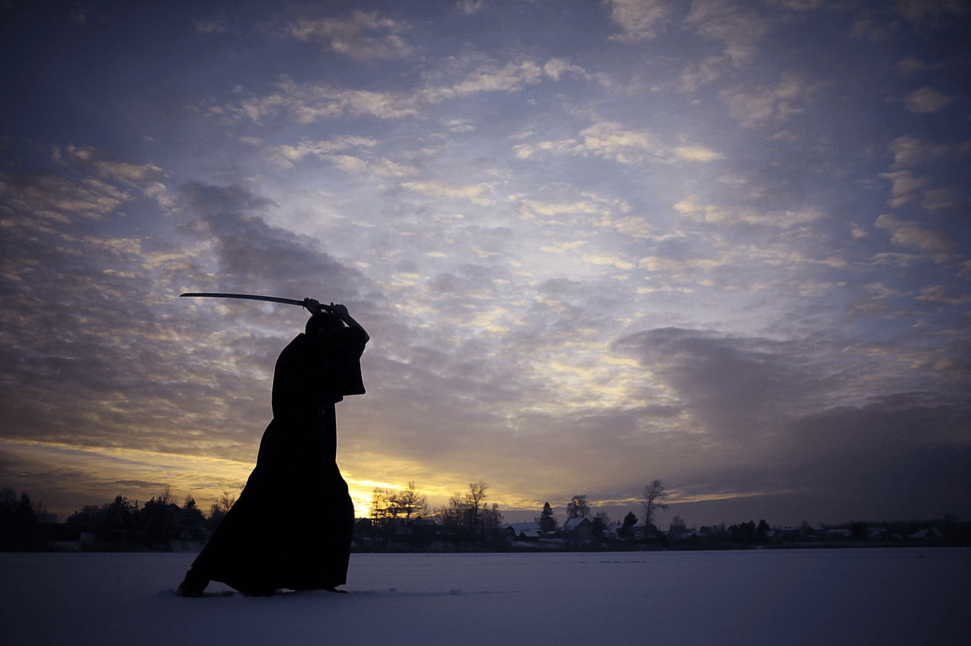 A swordsman in silhouette against a winter sunset
